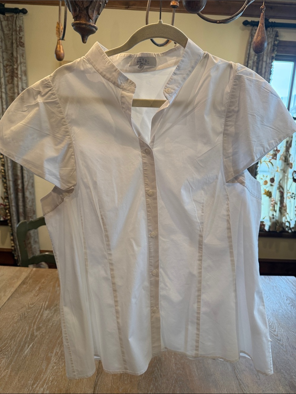 Pearl by Lela Rose White Cap-Sleeve Mandarin Collar Button-Front Cotton Blouse